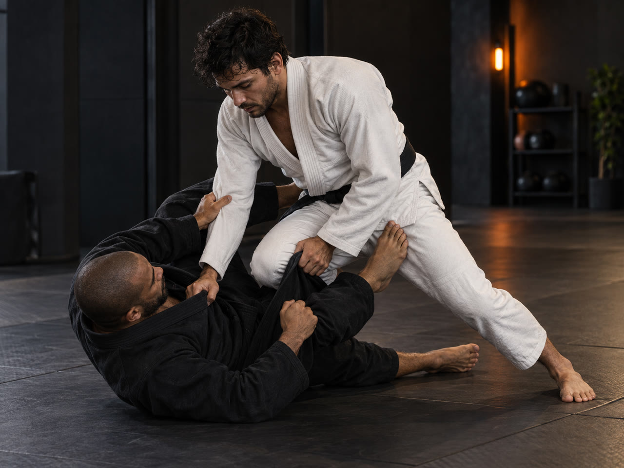 Atletas treinando uma técnica de Jiu-Jitsu no tatame