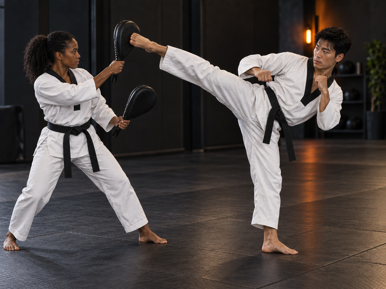 Atletas treinando uma técnica de Taekwondo